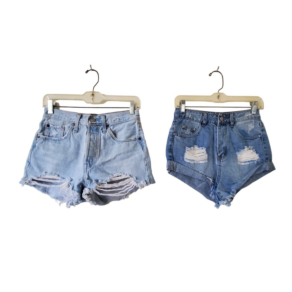 Levis 501 Shein Women XS Thrashed Cutoff Jeans Shorts 2 Pair Denim Frayed Ripped